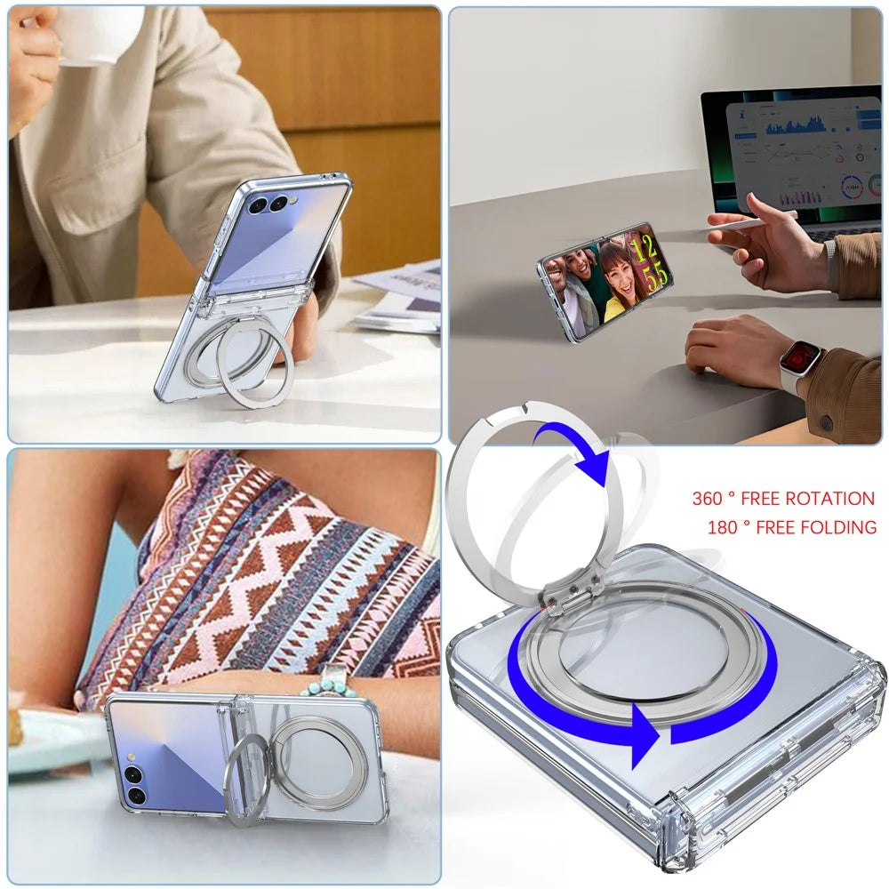 For Samsung Galaxy Z Flip8 Magnetic Case 360° Rotating Kickstand Electroplated Hinge PC Phone Cover with Tempered Glass Film - Transparent - 4