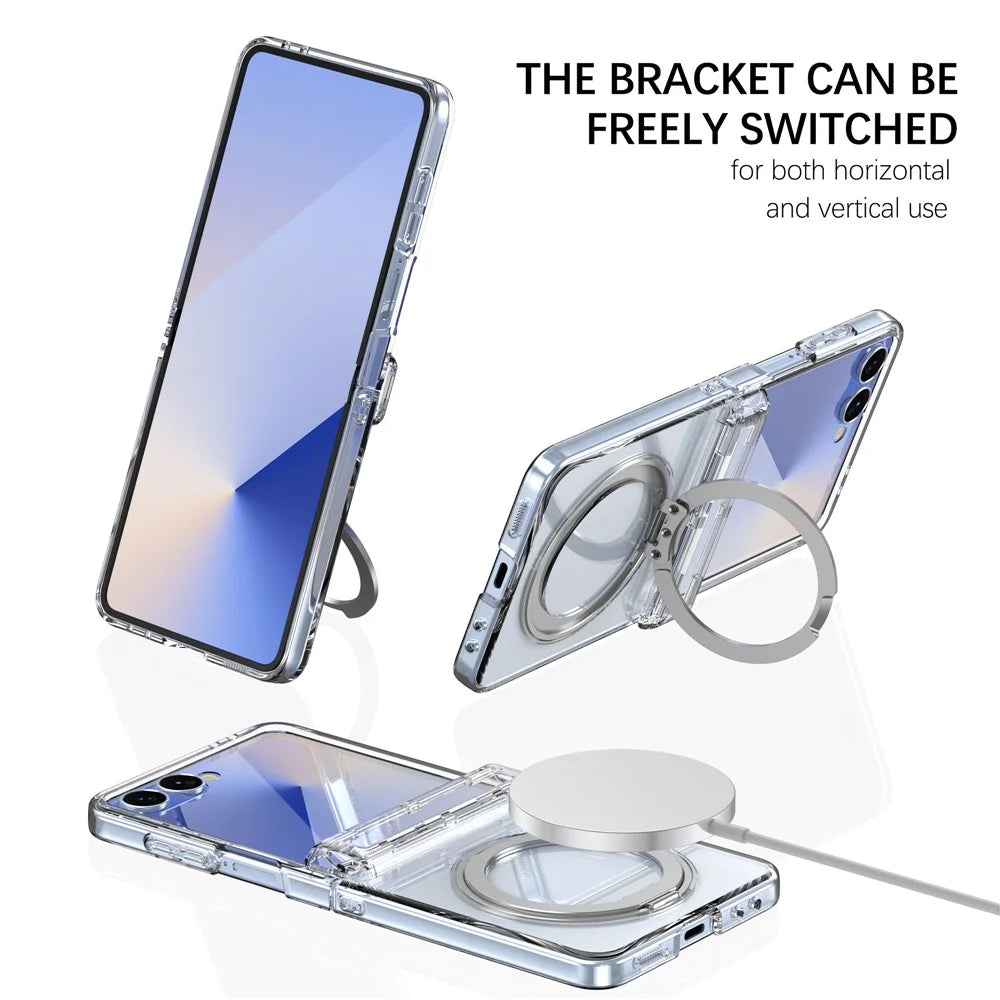 For Samsung Galaxy Z Flip8 Magnetic Case 360° Rotating Kickstand Electroplated Hinge PC Phone Cover with Tempered Glass Film - Transparent - 5