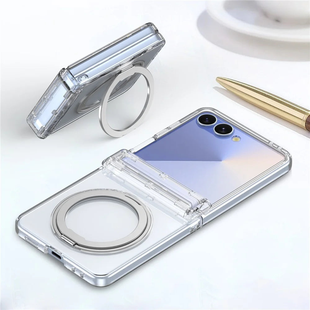 For Samsung Galaxy Z Flip8 Magnetic Case 360° Rotating Kickstand Electroplated Hinge PC Phone Cover with Tempered Glass Film - Transparent - 6