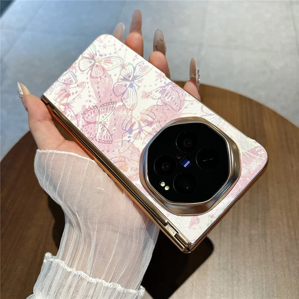 For vivo X Fold6 5G Case Butterfly Pattern Shockproof PC Phone Cover with Tempered Glass Screen Protector - Pink - 4