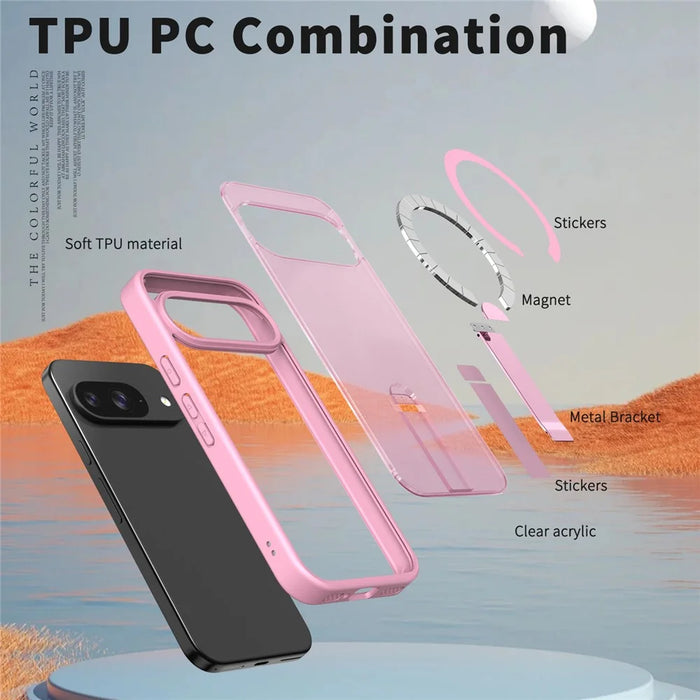 For Google Pixel 11  /  Pixel 11 Pro Magnetic Case Kickstand TPU + Acrylic Phone Cover - Pink - 6