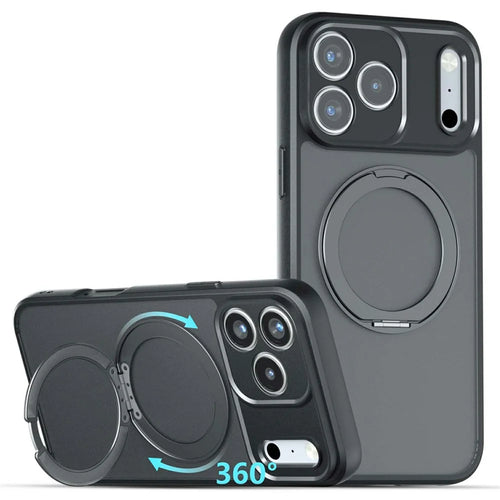 For iPhone 18 Pro Max / 17 Pro Max Matte Skin-touch Magnetic Case 360° Rotating Kickstand Shockproof TPU + PC Phone Cover - Transparent Black - 1