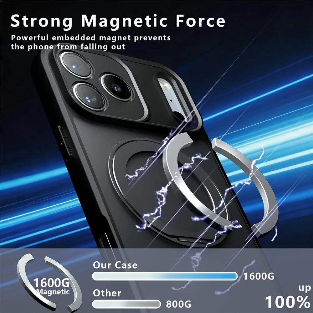 For iPhone 18 Pro Max / 17 Pro Max Matte Skin-touch Magnetic Case 360° Rotating Kickstand Shockproof TPU + PC Phone Cover - Transparent Black - 4