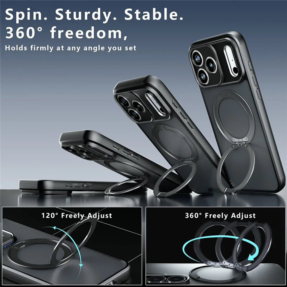 For iPhone 18 Pro / 17 Pro Matte Skin-touch Magnetic Case 360° Rotating Kickstand Shockproof TPU + PC Phone Cover - Transparent Black - 6