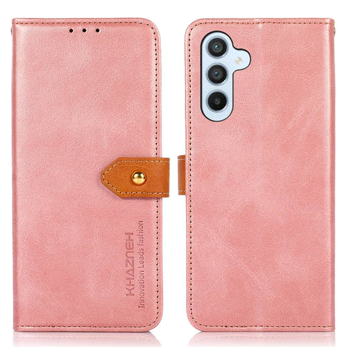 KHAZNEH For Samsung Galaxy A34 5G Cowhide Texture PU Leather Gold Buckle Phone Case Stand Wallet Drop Protection Cover - Rose Gold - 1