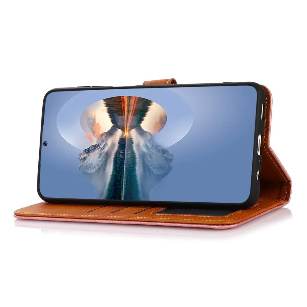 KHAZNEH For Samsung Galaxy A34 5G Cowhide Texture PU Leather Gold Buckle Phone Case Stand Wallet Drop Protection Cover - Rose Gold - 3