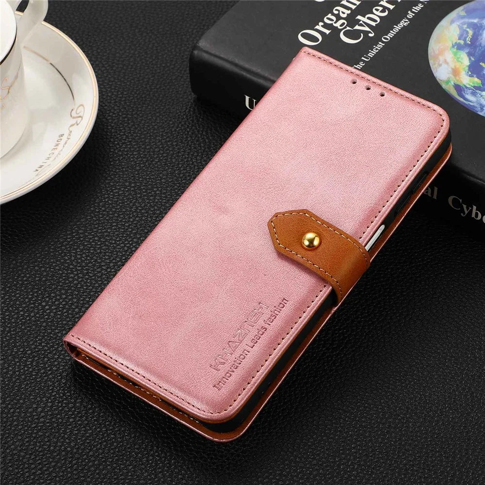 KHAZNEH For Samsung Galaxy A34 5G Cowhide Texture PU Leather Gold Buckle Phone Case Stand Wallet Drop Protection Cover - Rose Gold - 6