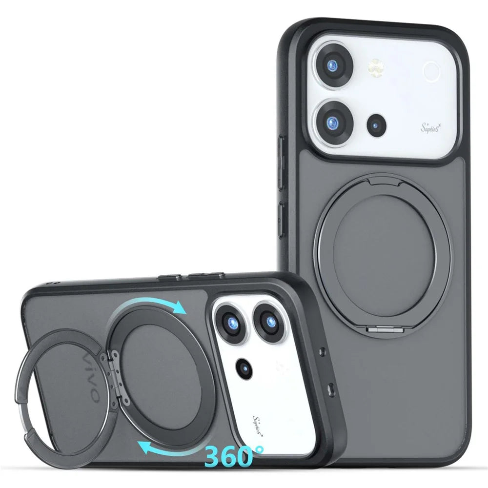 For vivo S60 5G Matte Skin-touch Magnetic Case 360° Rotating Kickstand Shockproof TPU + PC Phone Cover - Transparent Black - 2