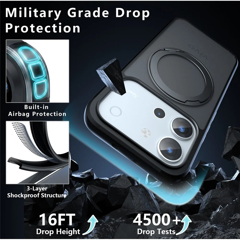 For vivo S60 5G Matte Skin-touch Magnetic Case 360° Rotating Kickstand Shockproof TPU + PC Phone Cover - Transparent Black - 4