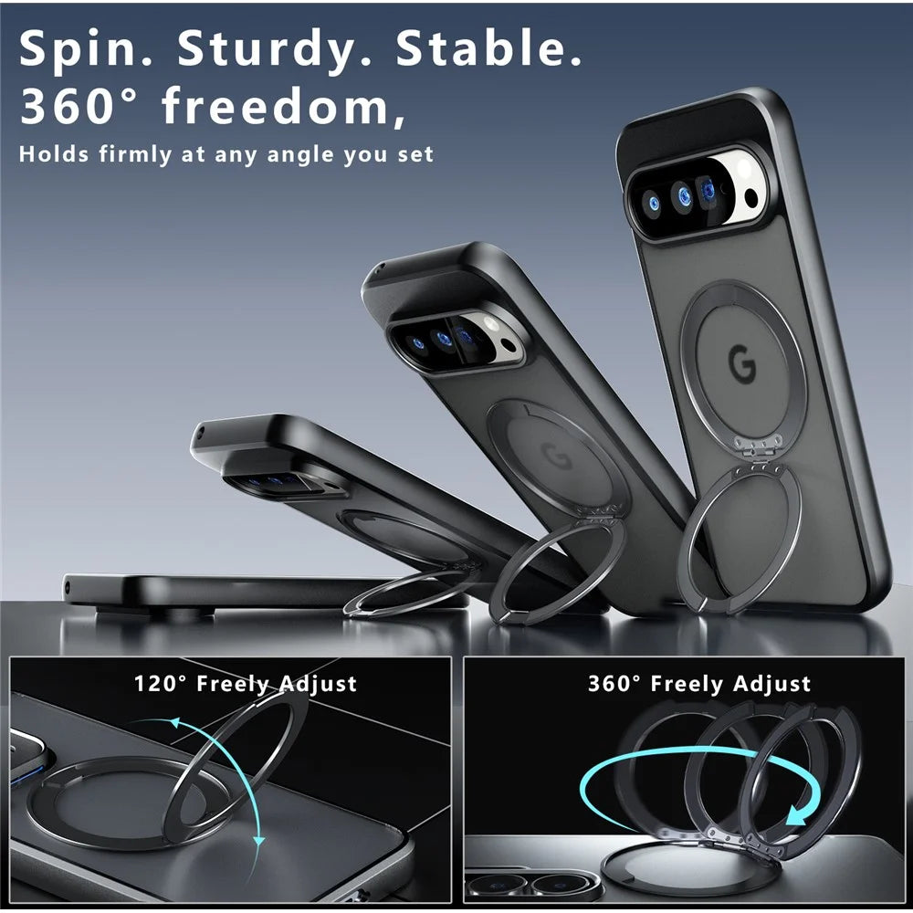 For Google Pixel 10 Pro XL Matte Skin-touch Magnetic Case 360° Rotating Kickstand Shockproof TPU + PC Phone Cover - Transparent Black - 7