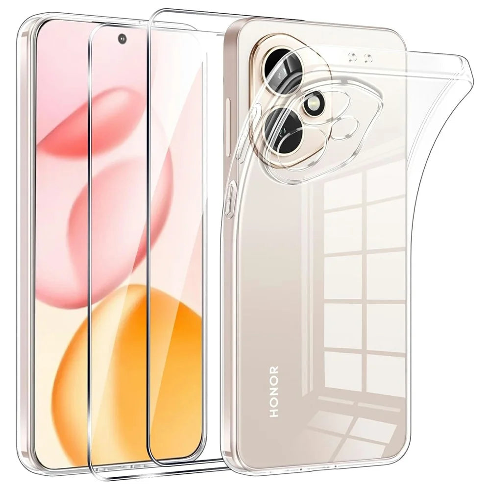 For Honor 400 5G (Global) Case TPU Clear Phone Cover + 2PCS Tempered Glass Screen Film 2.5D Arc Edge - 1