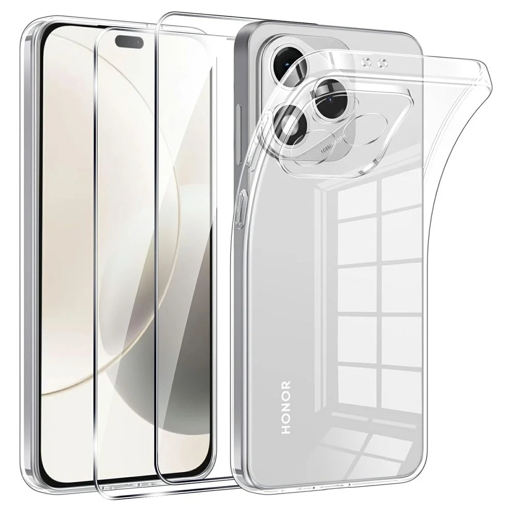 For Honor 400 Lite 5G Case TPU Clear Phone Cover + 2PCS Tempered Glass Screen Film 2.5D Arc Edge - 1