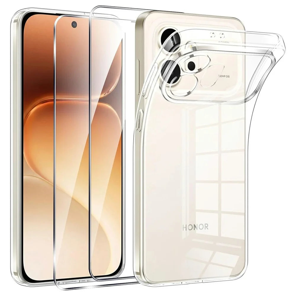 For Honor 600 5G Case TPU Clear Phone Cover + 2PCS Tempered Glass Screen Film 2.5D Arc Edge - 1