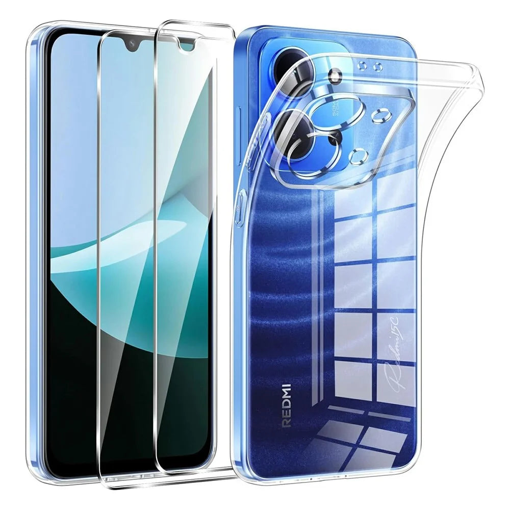 For Xiaomi Poco C85 5G Case TPU Clear Phone Cover + 2PCS Tempered Glass Screen Film 2.5D Arc Edge - 1