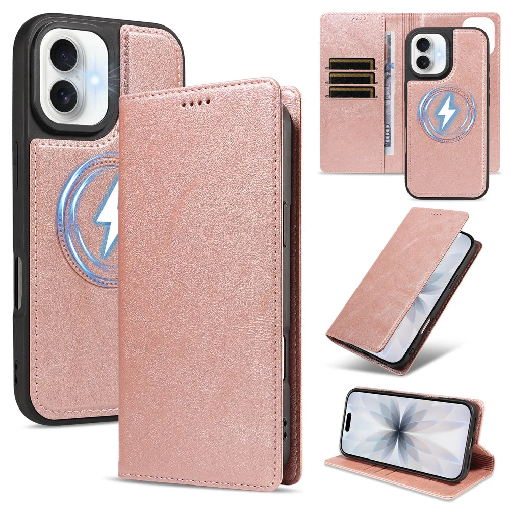 For iPhone 17 Magnetic Case Detachable 2 in 1 Leather Wallet Phone Cover - Rose Gold - 1