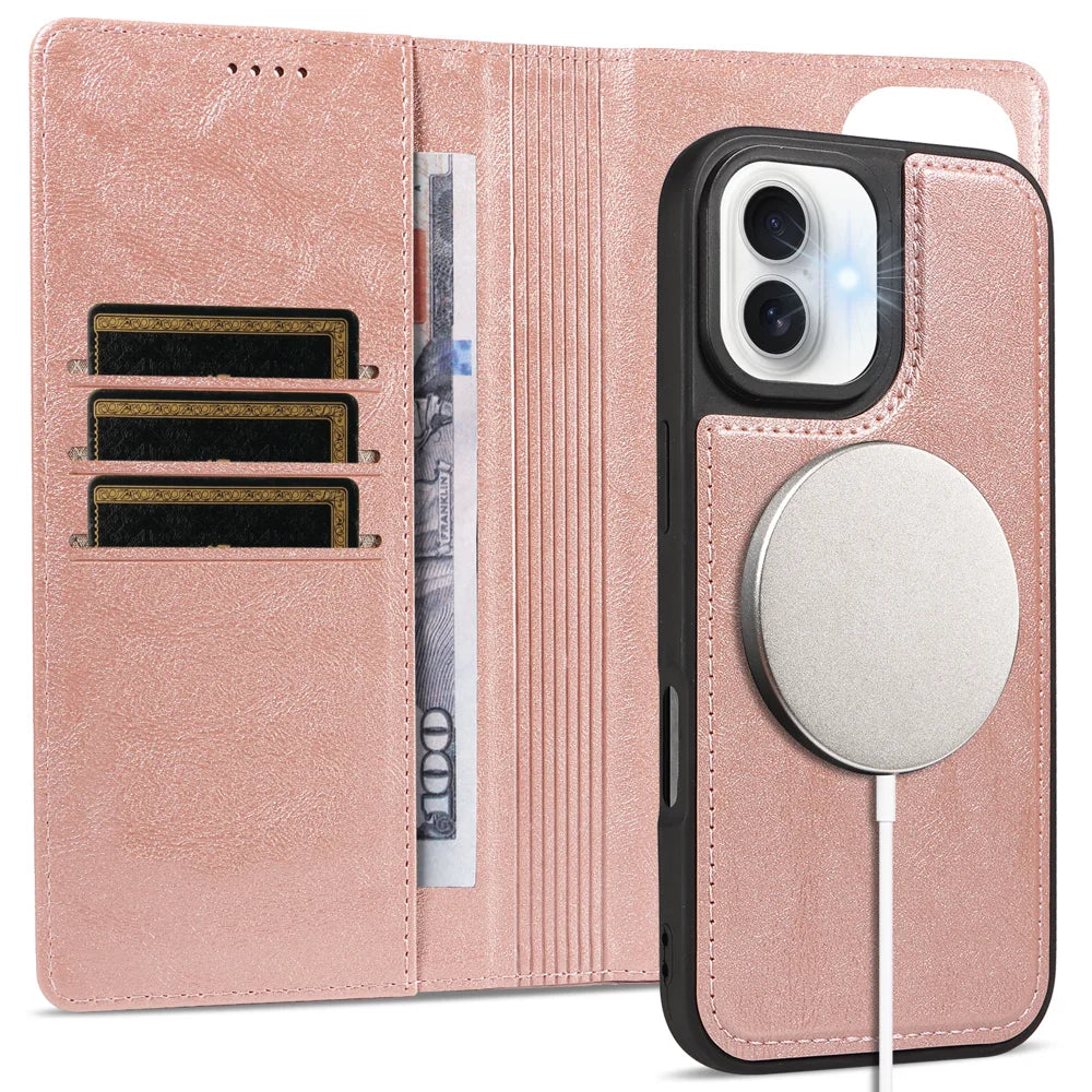 For iPhone 17 Magnetic Case Detachable 2 in 1 Leather Wallet Phone Cover - Rose Gold - 3
