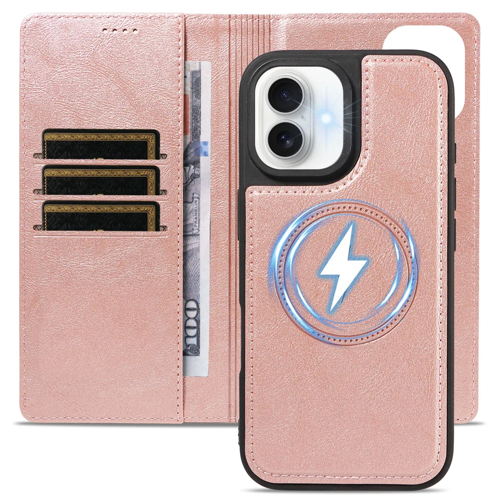 For iPhone 17 Magnetic Case Detachable 2 in 1 Leather Wallet Phone Cover - Rose Gold - 4