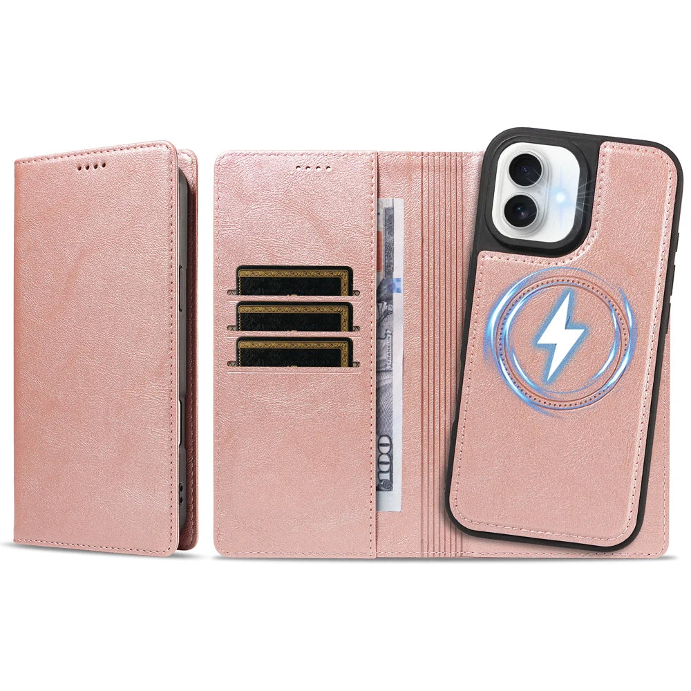 For iPhone 17 Magnetic Case Detachable 2 in 1 Leather Wallet Phone Cover - Rose Gold - 6