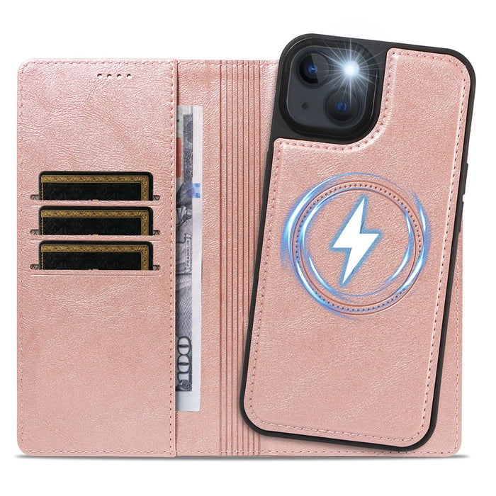For iPhone 14 / iPhone 13 Magnetic Case Detachable 2 in 1 Leather Wallet Phone Cover - Rose Gold - 2