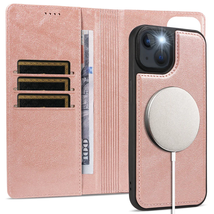 For iPhone 14 / iPhone 13 Magnetic Case Detachable 2 in 1 Leather Wallet Phone Cover - Rose Gold - 3