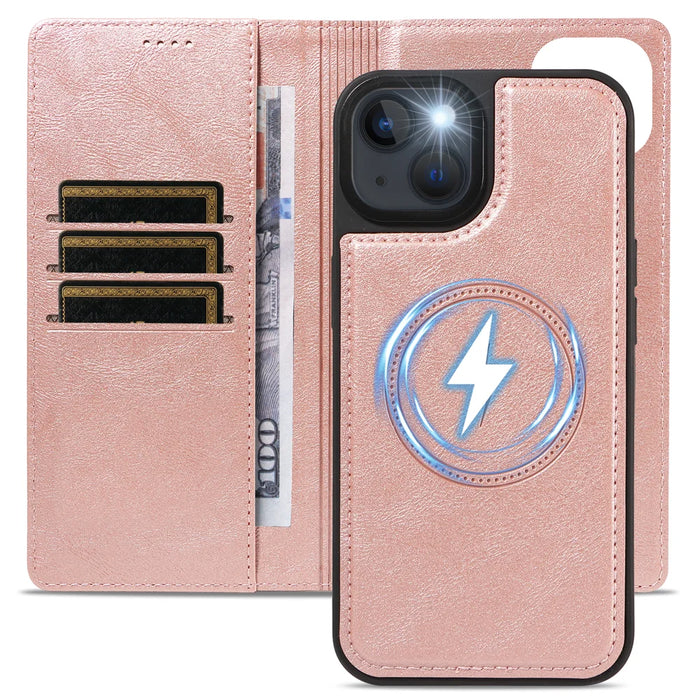 For iPhone 14 / iPhone 13 Magnetic Case Detachable 2 in 1 Leather Wallet Phone Cover - Rose Gold - 4