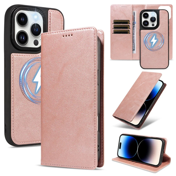 For iPhone 14 Pro Magnetic Case Detachable 2 in 1 Leather Wallet Phone Cover - Rose Gold - 1