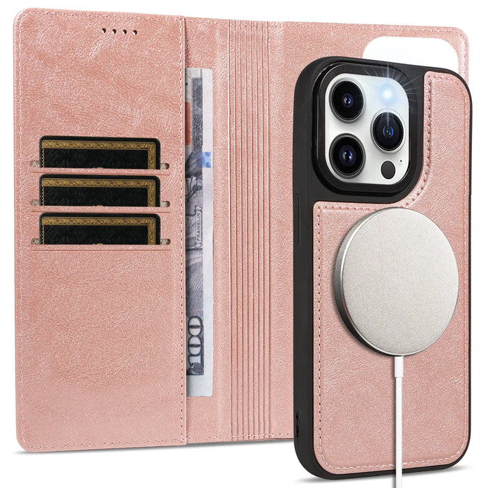 For iPhone 14 Pro Magnetic Case Detachable 2 in 1 Leather Wallet Phone Cover - Rose Gold - 3