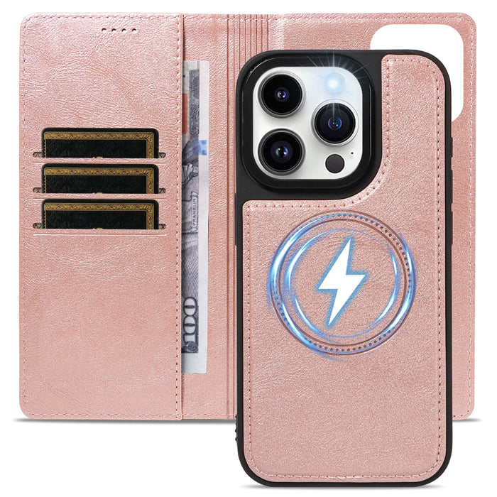 For iPhone 14 Pro Magnetic Case Detachable 2 in 1 Leather Wallet Phone Cover - Rose Gold - 4