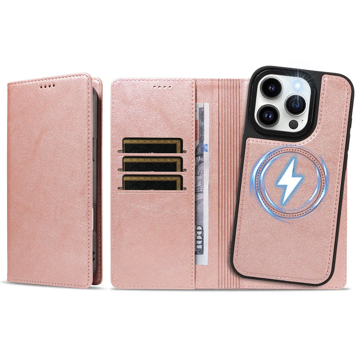 For iPhone 14 Pro Magnetic Case Detachable 2 in 1 Leather Wallet Phone Cover - Rose Gold - 6