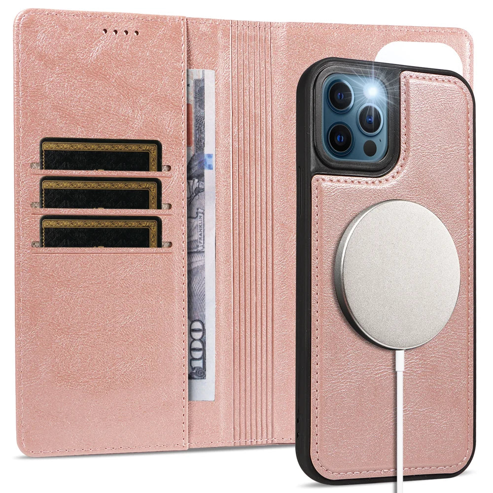 For iPhone 12 Pro / iPhone 12 Magnetic Case Detachable 2 in 1 Leather Wallet Phone Cover - Rose Gold - 3