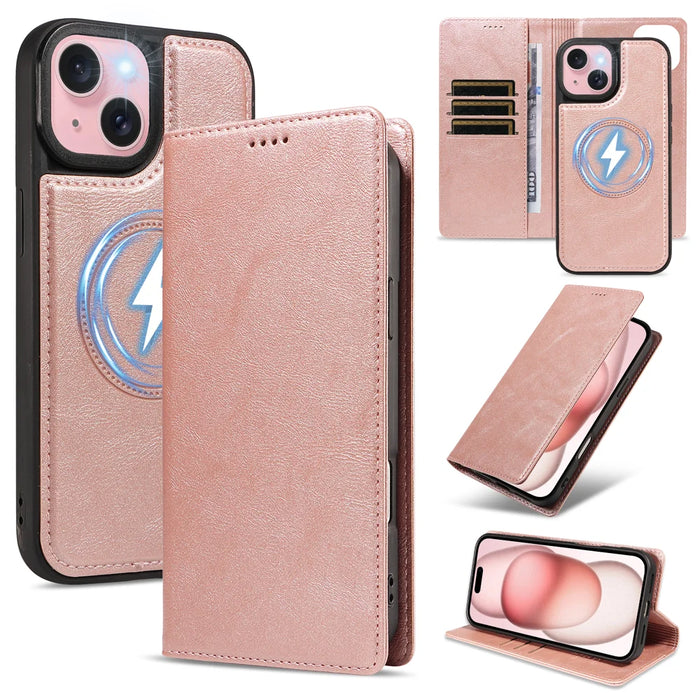 For iPhone 15 Magnetic Case Detachable 2 in 1 Leather Wallet Phone Cover - Rose Gold - 1