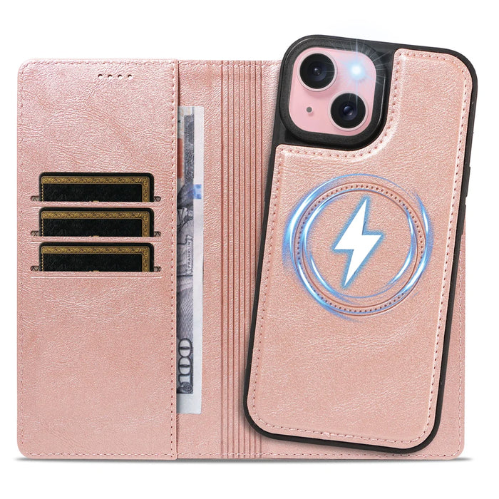 For iPhone 15 Magnetic Case Detachable 2 in 1 Leather Wallet Phone Cover - Rose Gold - 2