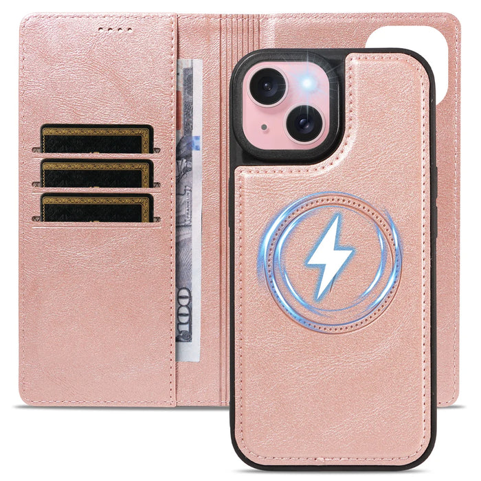 For iPhone 15 Magnetic Case Detachable 2 in 1 Leather Wallet Phone Cover - Rose Gold - 4