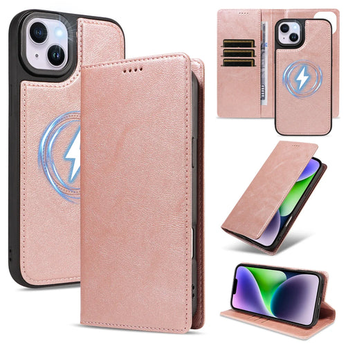 For iPhone 14 Plus Magnetic Case Detachable 2 in 1 Leather Wallet Phone Cover - Rose Gold - 1