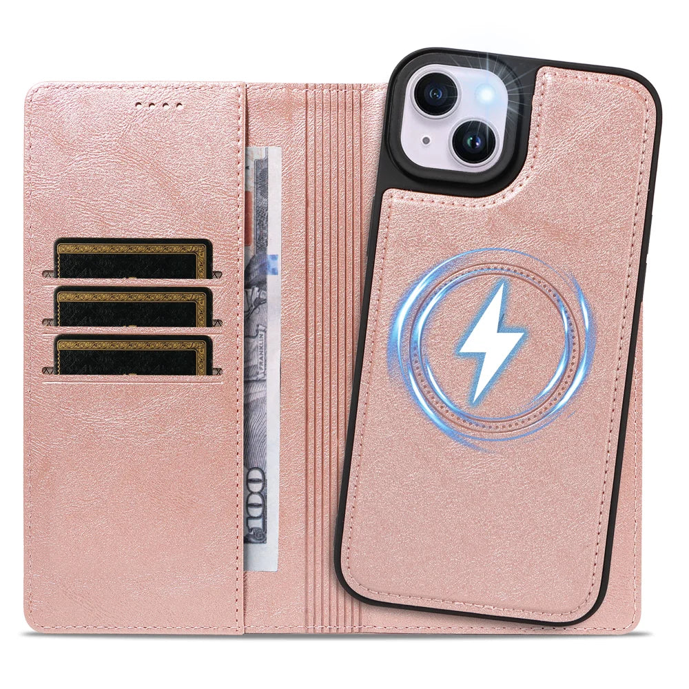 For iPhone 14 Plus Magnetic Case Detachable 2 in 1 Leather Wallet Phone Cover - Rose Gold - 2