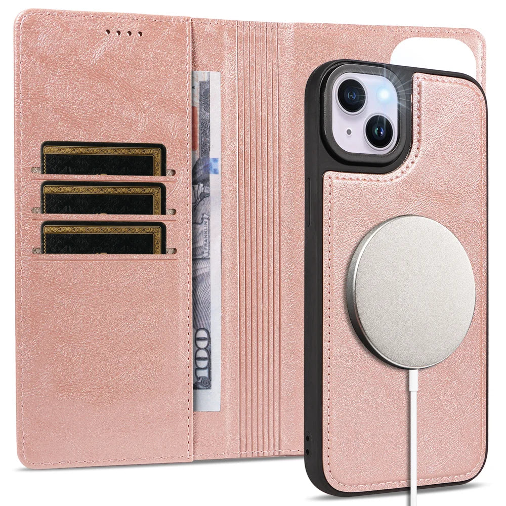 For iPhone 14 Plus Magnetic Case Detachable 2 in 1 Leather Wallet Phone Cover - Rose Gold - 3