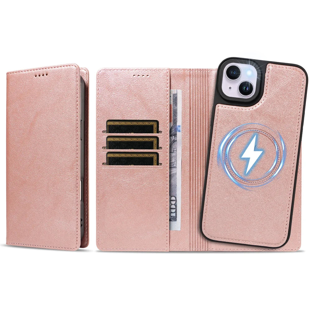 For iPhone 14 Plus Magnetic Case Detachable 2 in 1 Leather Wallet Phone Cover - Rose Gold - 6