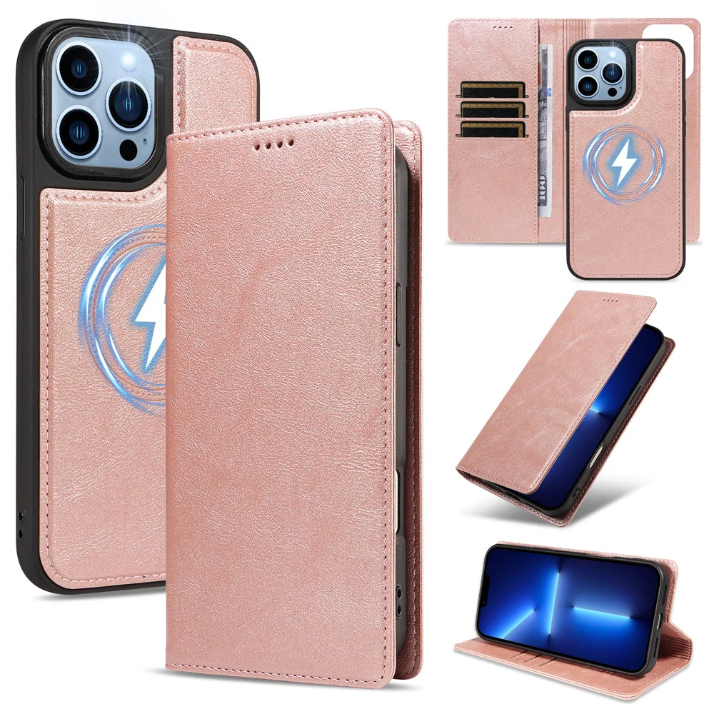 For iPhone 13 Pro Max Magnetic Case Detachable 2 in 1 Leather Wallet Phone Cover - Rose Gold - 1