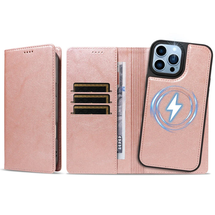 For iPhone 13 Pro Max Magnetic Case Detachable 2 in 1 Leather Wallet Phone Cover - Rose Gold - 6