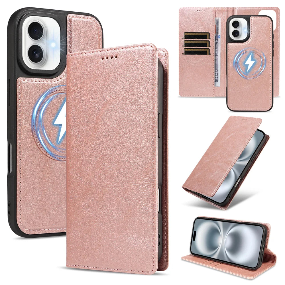 For iPhone 16 Plus Magnetic Case Detachable 2 in 1 Leather Wallet Phone Cover - Rose Gold - 1