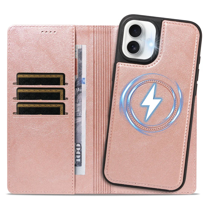 For iPhone 16 Plus Magnetic Case Detachable 2 in 1 Leather Wallet Phone Cover - Rose Gold - 2