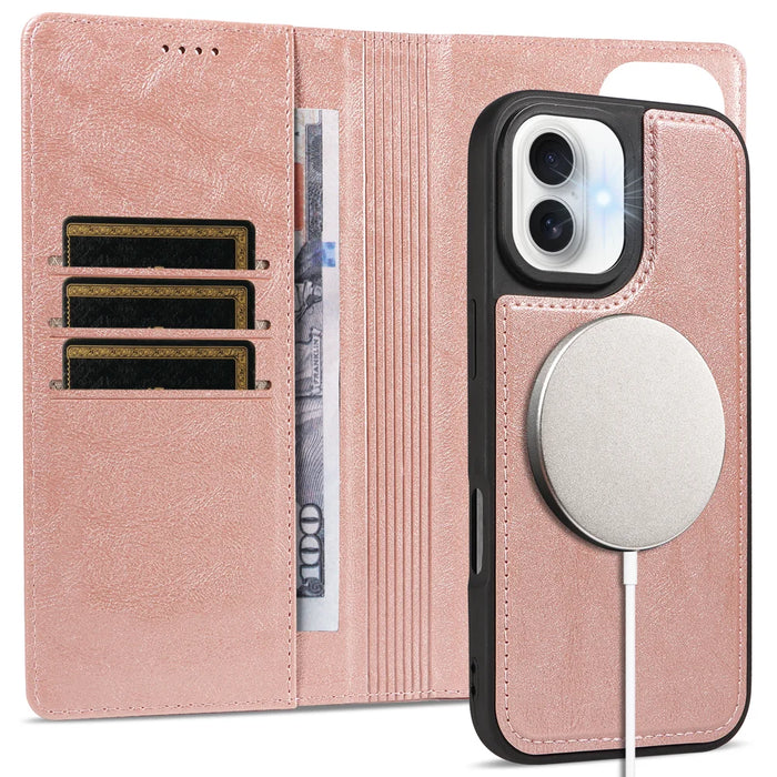 For iPhone 16 Plus Magnetic Case Detachable 2 in 1 Leather Wallet Phone Cover - Rose Gold - 3