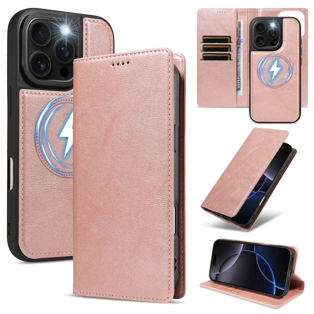 For iPhone 16 Pro Magnetic Case Detachable 2 in 1 Leather Wallet Phone Cover - Rose Gold - 1