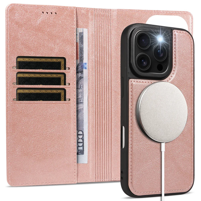For iPhone 16 Pro Magnetic Case Detachable 2 in 1 Leather Wallet Phone Cover - Rose Gold - 3