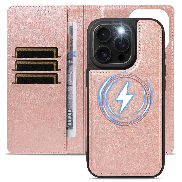 For iPhone 16 Pro Magnetic Case Detachable 2 in 1 Leather Wallet Phone Cover - Rose Gold - 4