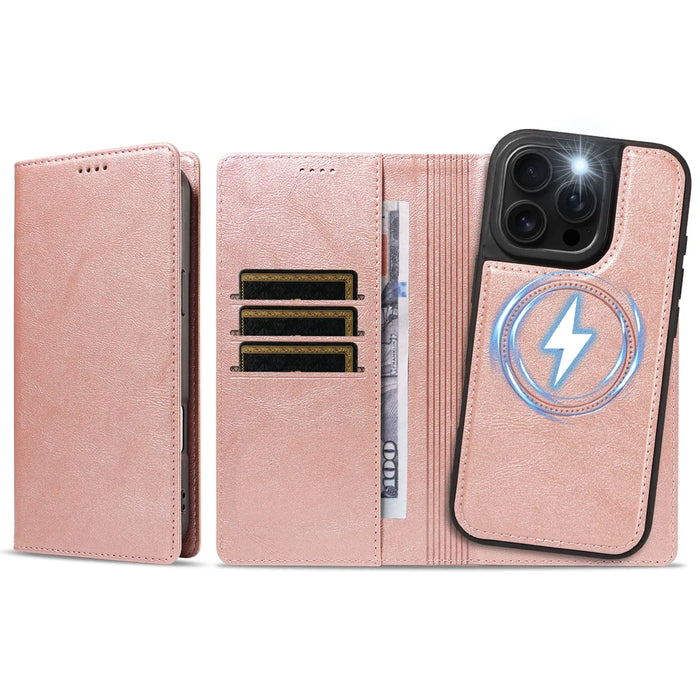 For iPhone 16 Pro Magnetic Case Detachable 2 in 1 Leather Wallet Phone Cover - Rose Gold - 6