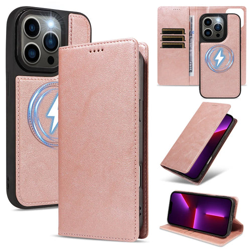For iPhone 13 Pro Magnetic Case Detachable 2 in 1 Leather Wallet Phone Cover - Rose Gold - 1