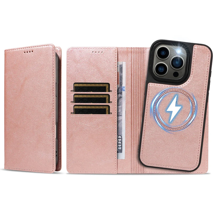 For iPhone 13 Pro Magnetic Case Detachable 2 in 1 Leather Wallet Phone Cover - Rose Gold - 6
