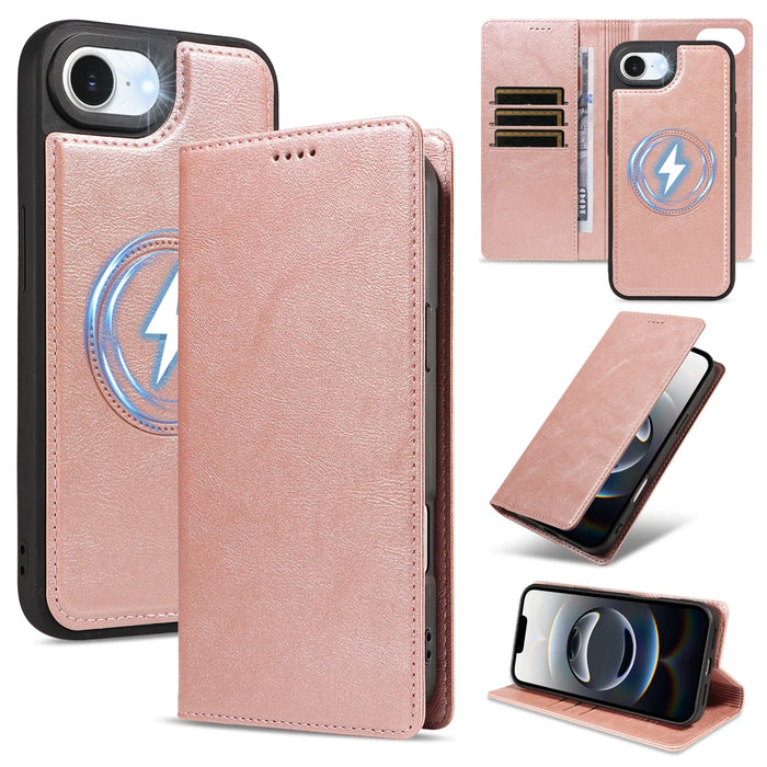 For iPhone 17e / iPhone 16e Magnetic Case Detachable 2 in 1 Leather Wallet Phone Cover - Rose Gold - 1