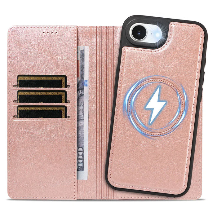 For iPhone 17e / iPhone 16e Magnetic Case Detachable 2 in 1 Leather Wallet Phone Cover - Rose Gold - 2
